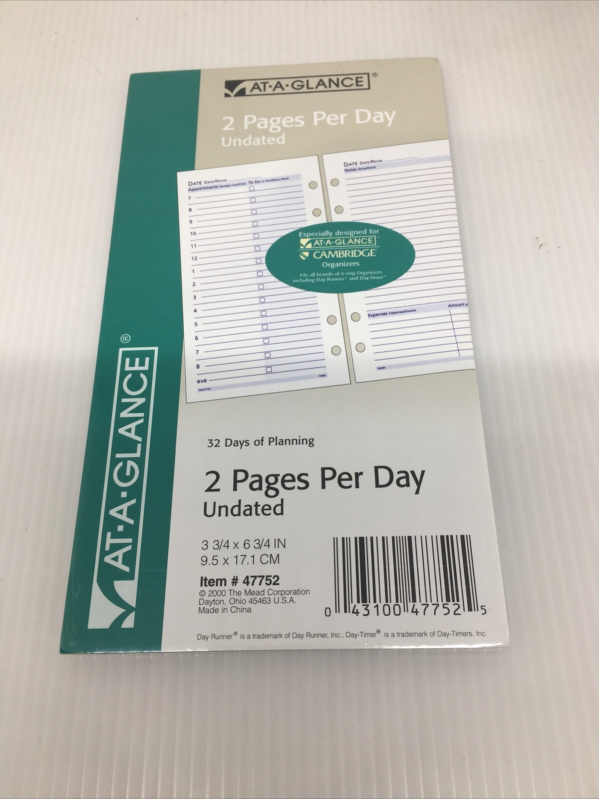 At-A-Glance #47752 2 Pages Per Day Refills 3 3/4 x 6 3/4, fits 6 ring 32 per pk