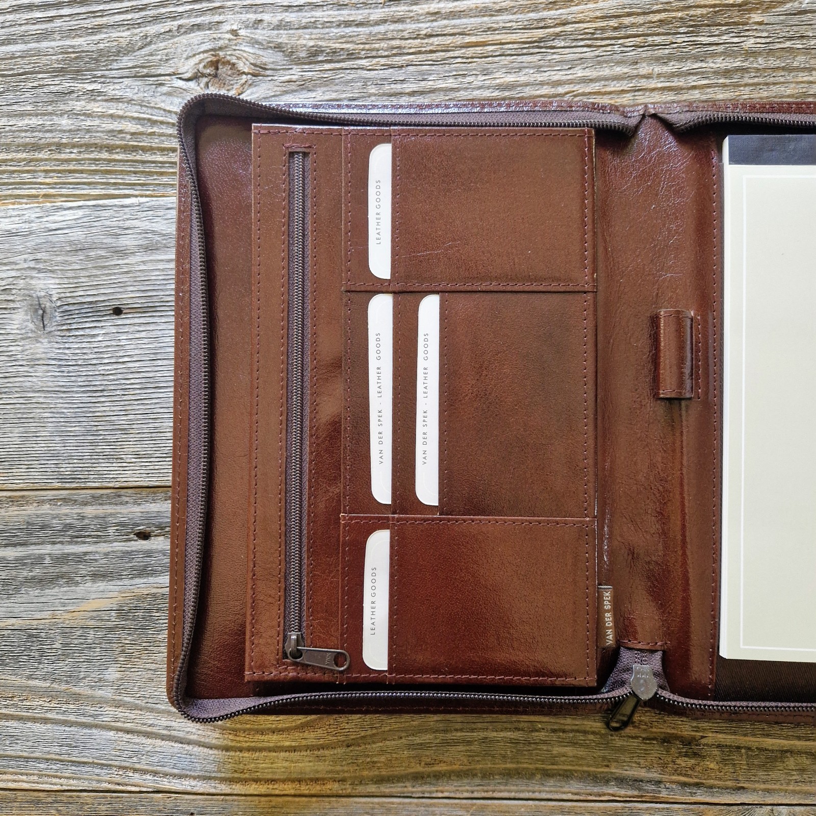 Van der Spek Luigi Raphael A5 Zip Chestnut Leather Writing Case w/ Notepad