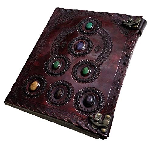 Handmade Vintage Leather Journal – Chakra Embossed Seven Stone Notebook 10×13″