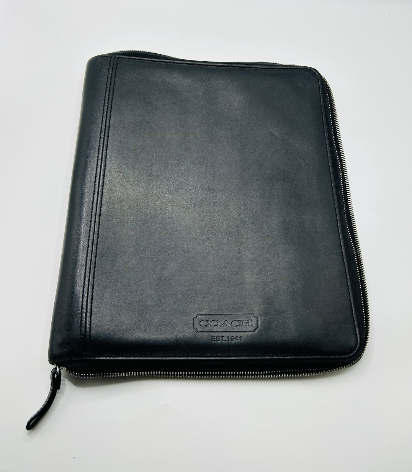 Coach Black Leather Zip Portfolio Organizer Pad Folio Business Case