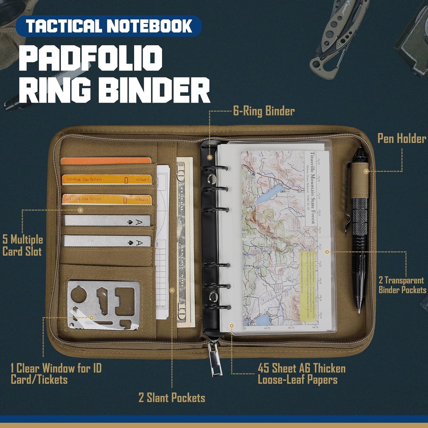 WYNEX Tactical Notebook Padfolio Ring A6（5.5 x 8.5 Inches), Khaki