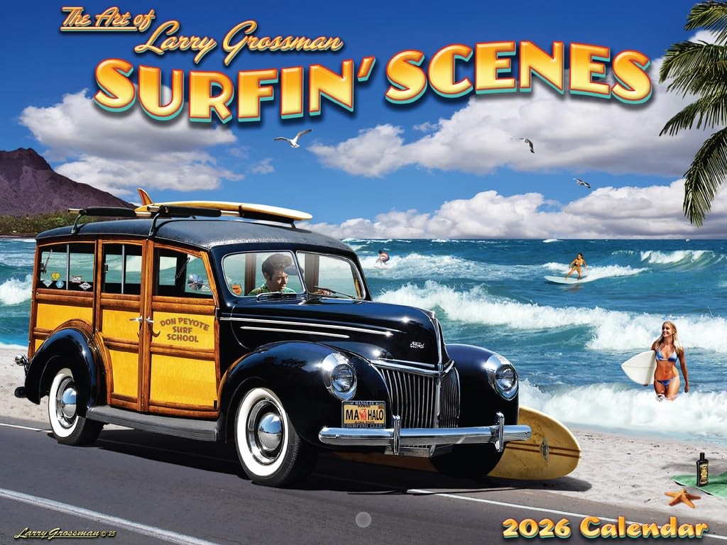 Retro Surfing Calendar 2026 Monthly By Larry Grossman Wall Scenes