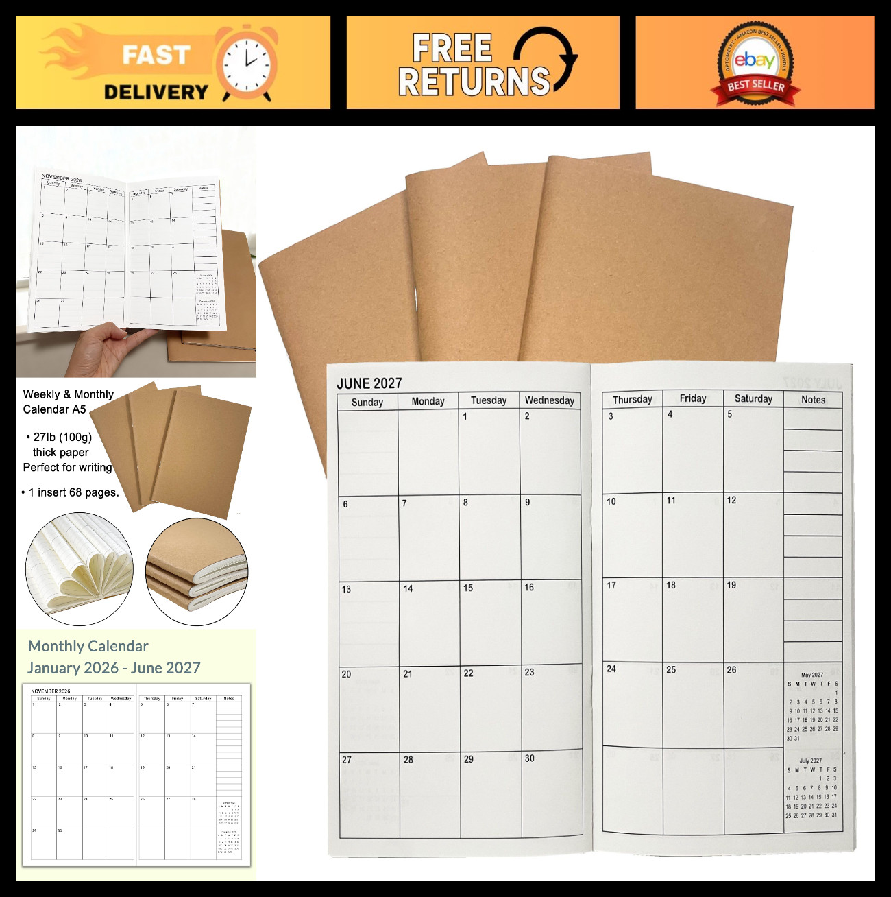 A5 Planner Inserts 2026-2027, Travel Notebook Calendar, Weekly & Monthly, 100gsm