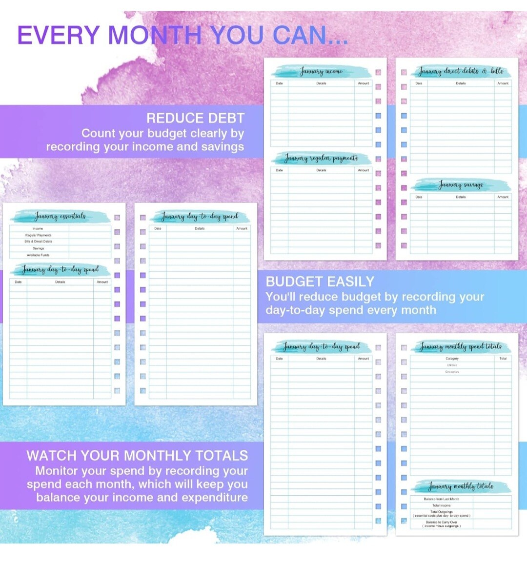 Budget Planner~12 Month Undated Budget Book~Expense Tracker~5.3″x7.6″ Pink/Blue