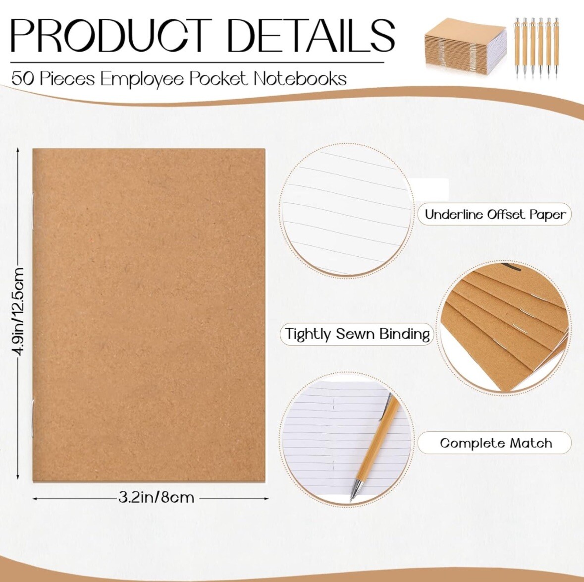 50 Sets Pocket Notebook with Pens Set Bulk Small Memo Notepad with Bamboo Pens
