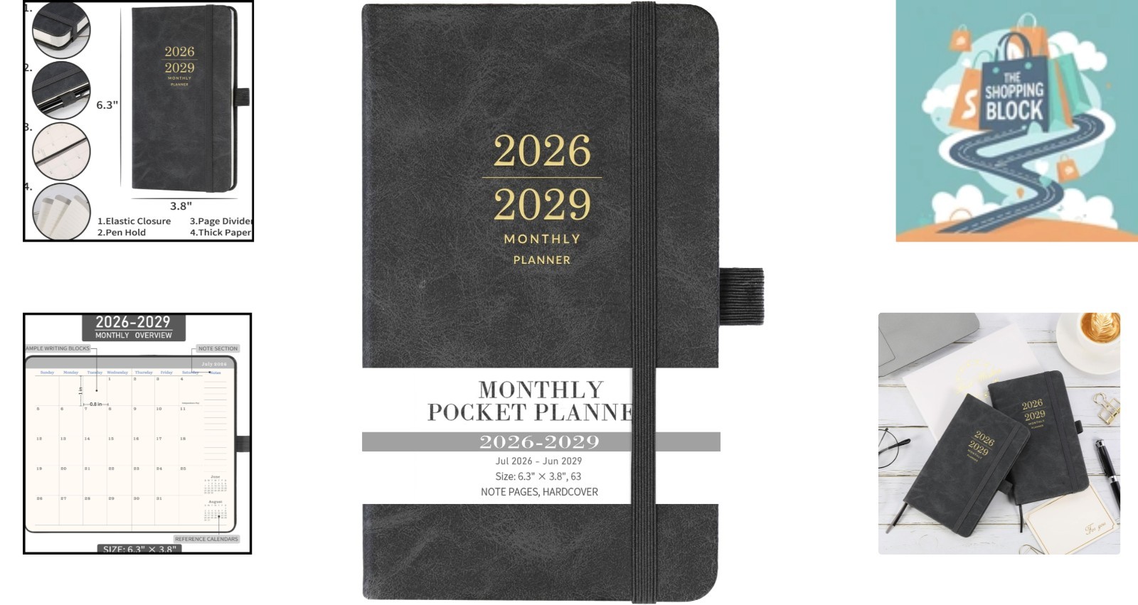 2026-2029 3- Pocket Planner Gray, Faux Leather, 3.8×6.3 inches
