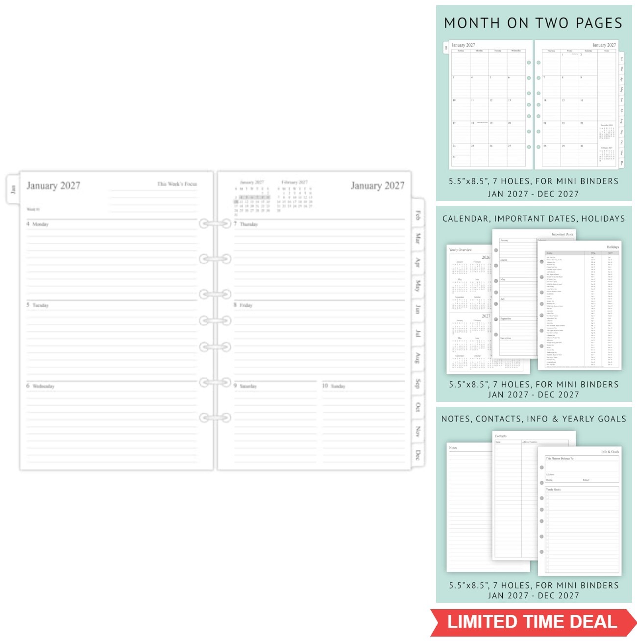 2027 Weekly Monthly Planner Refill 5.5×8.5 Half Letter 7-Hole Mini Binder Jan