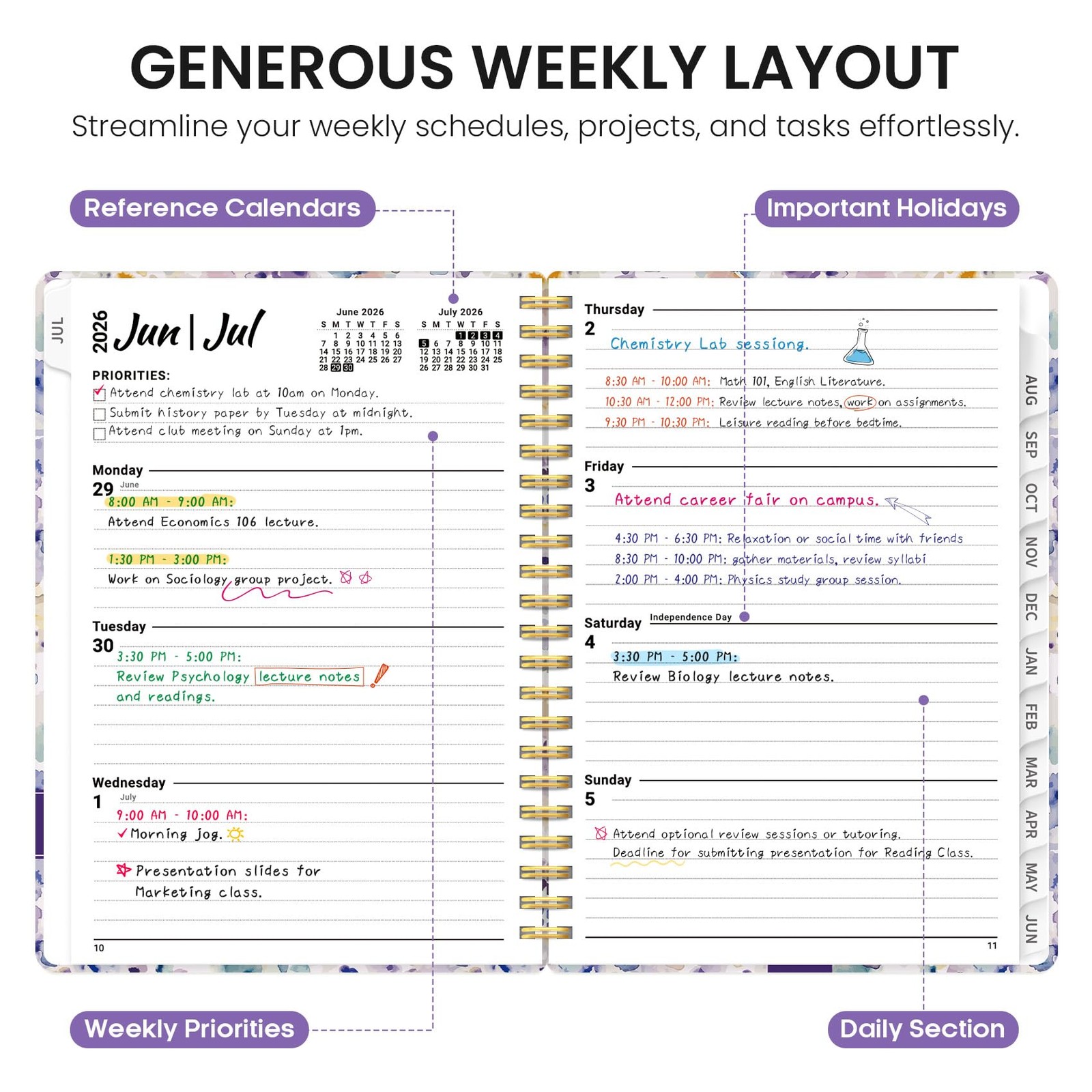 Planner 2026–2027, Academic Year Monthly & (6.3″x8.5″)a5, A-Purple Blocks