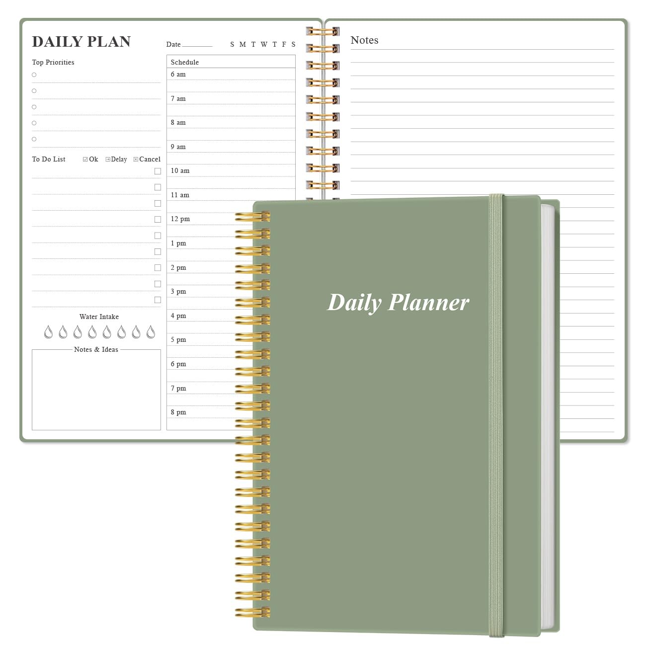 Daily Planner Undated – A5 To Do List Notebook Hourly 5.8″ x 8.5″, Green