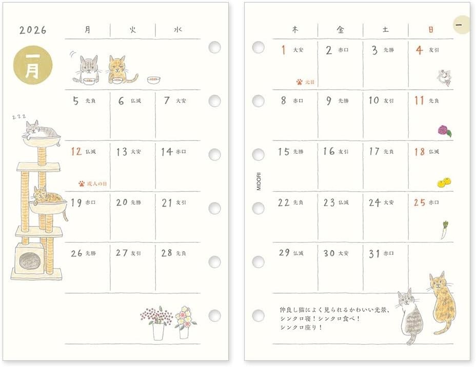 DESIGNPHIL midori 2026 B7 Weekly Planner Refill 6rings Cat Pattern Jan-Dec Japan