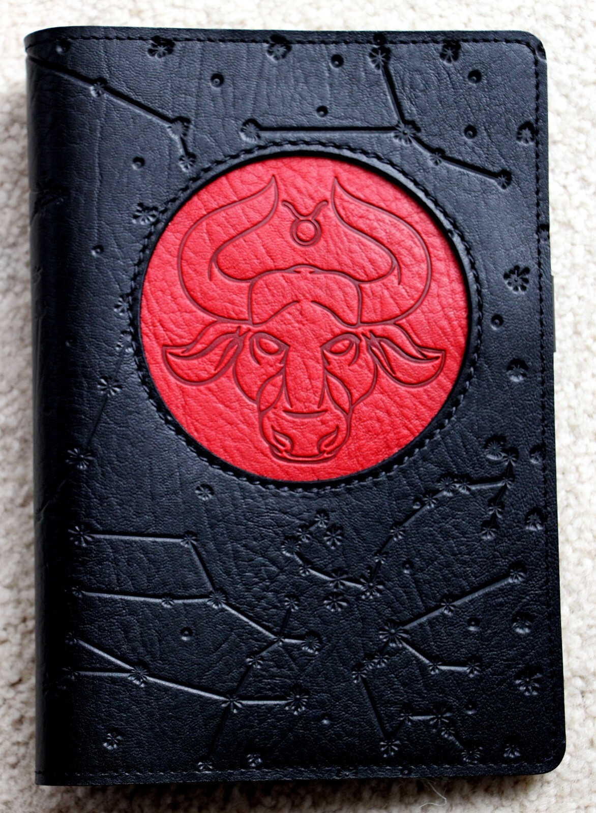 Oberon Design Leather ICON Journal Cover-Taurus ZODIAC Constellations Black/red