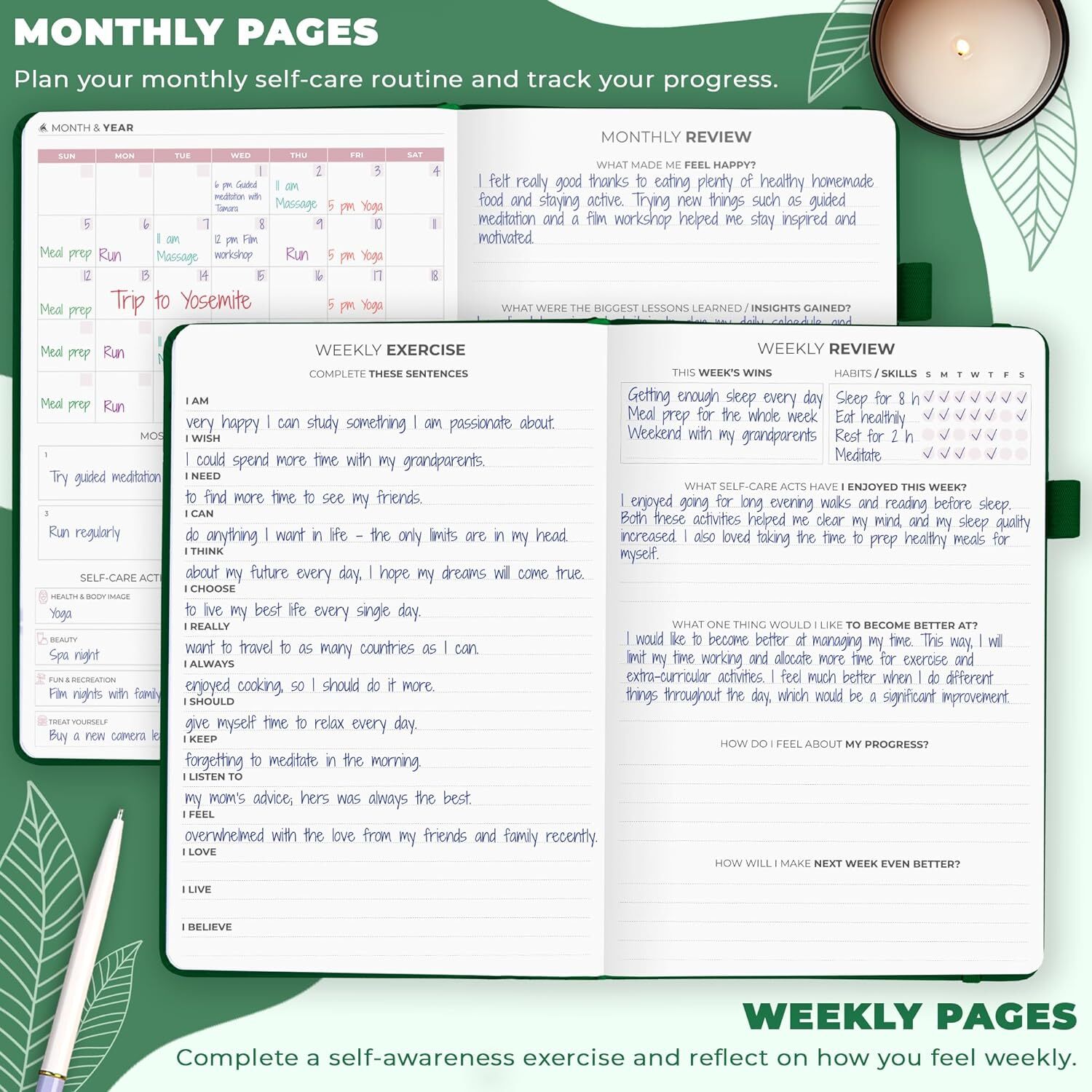 Clever Fox Self-Care Journal – Wellness & A5 (5.8” x 8.3”), Forest Green