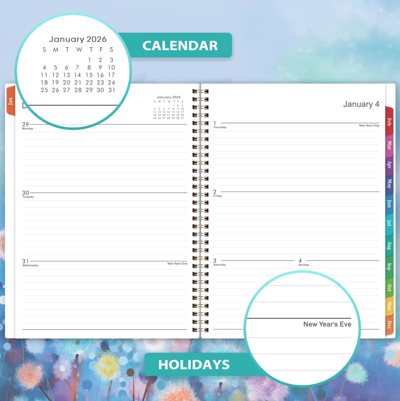 2026 Planner Calendar, Weekly Monthly Layout, Back Pocket, Blue