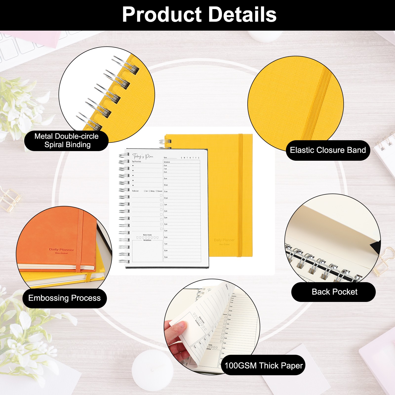 A5 5.5″x 8.5″ Undated Daily Planner with Hourly Schedule Inner Pocket, Yellow