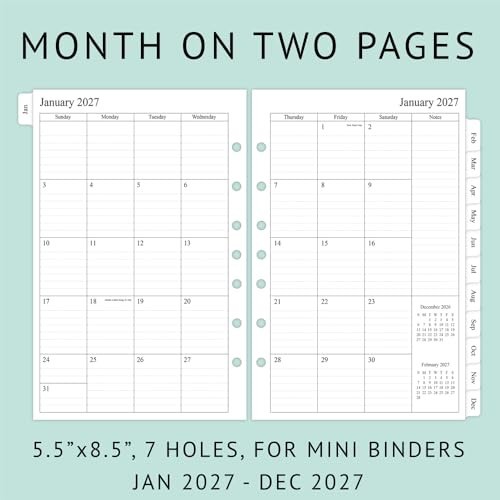 2027 Weekly Monthly Planner Refill 5.5×8.5 Half Letter 7-Hole Mini Binder Jan