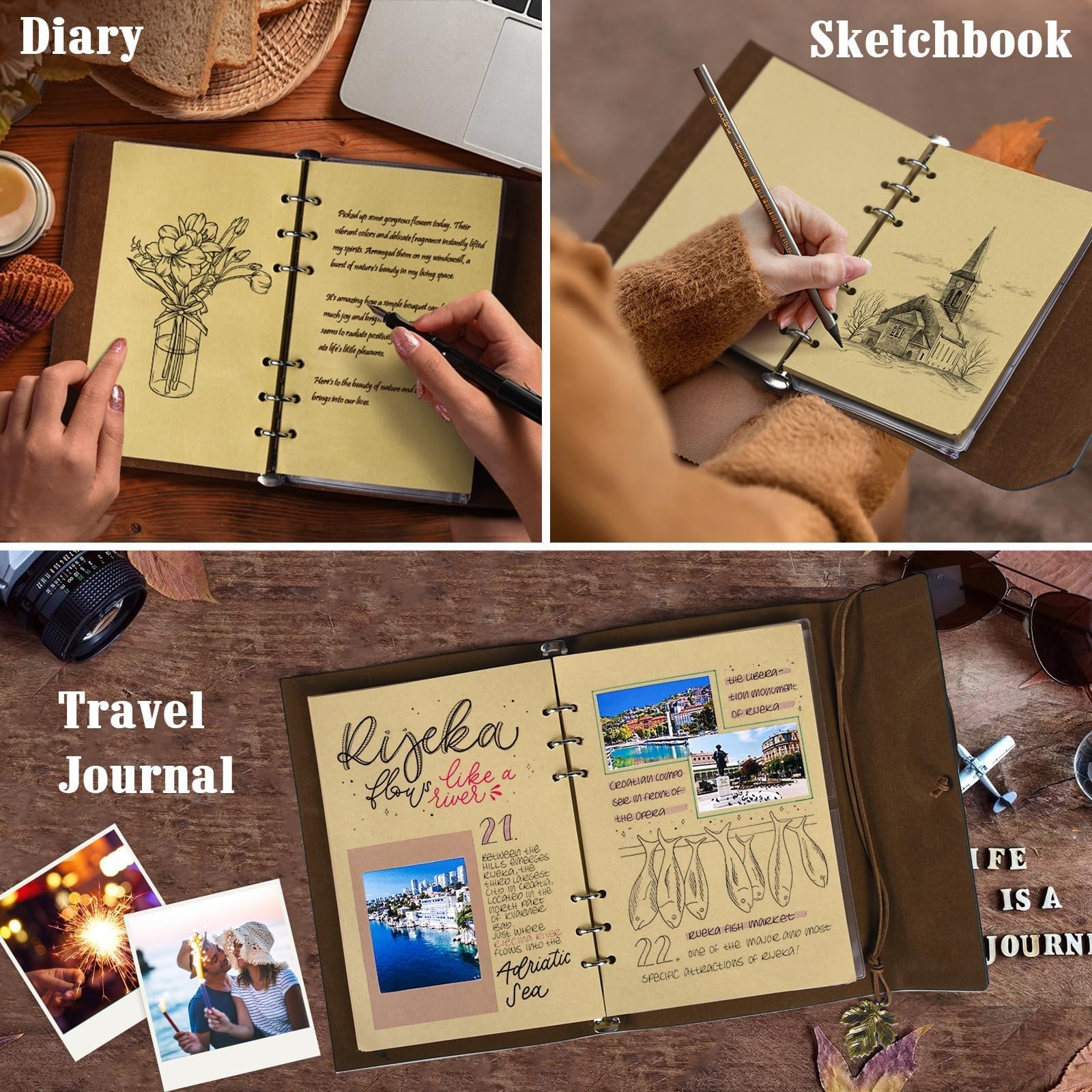 Leather Journals Notebooks with Blank Pages, Vintage Refillable A5, Brown