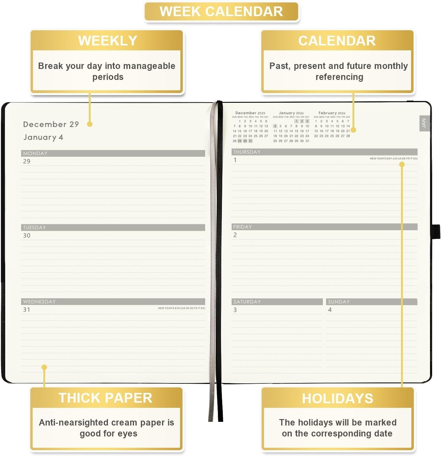 2026 Planner – Large Leather Cover, Weekly Monthly, Jan-Dec