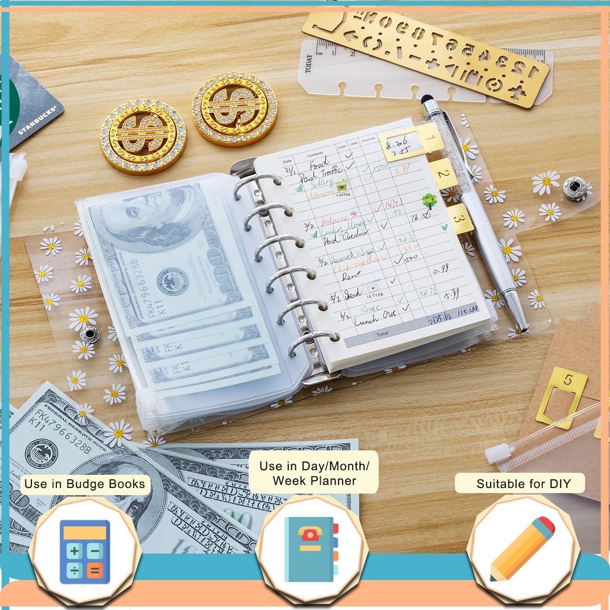 Harphia A7 Accounting Binder Planner 5.39×4.33″ A7, Daisy With Accessories