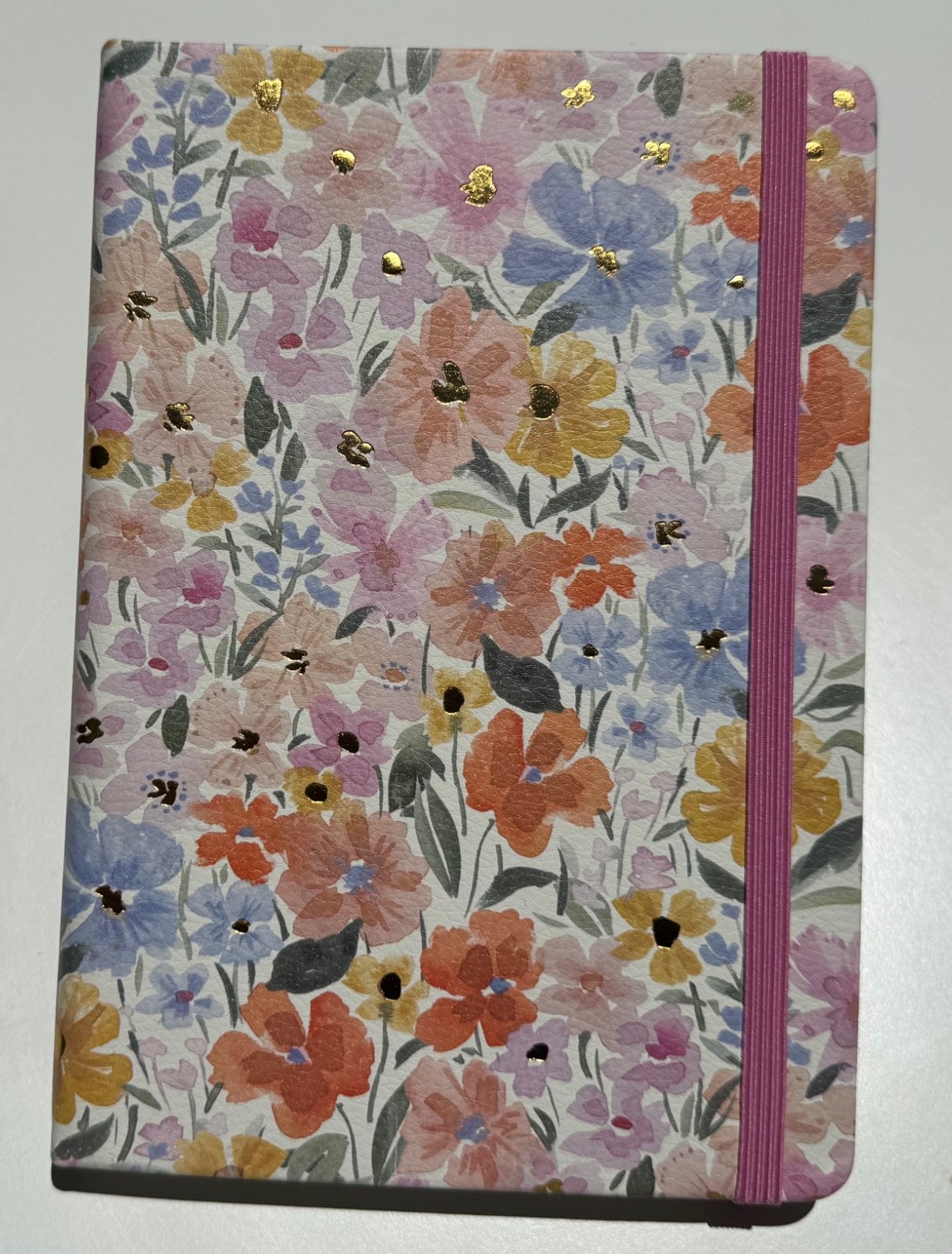 Soft Leatherette Pink Notebook Journal Golden Luminous Floral Elastic Closure