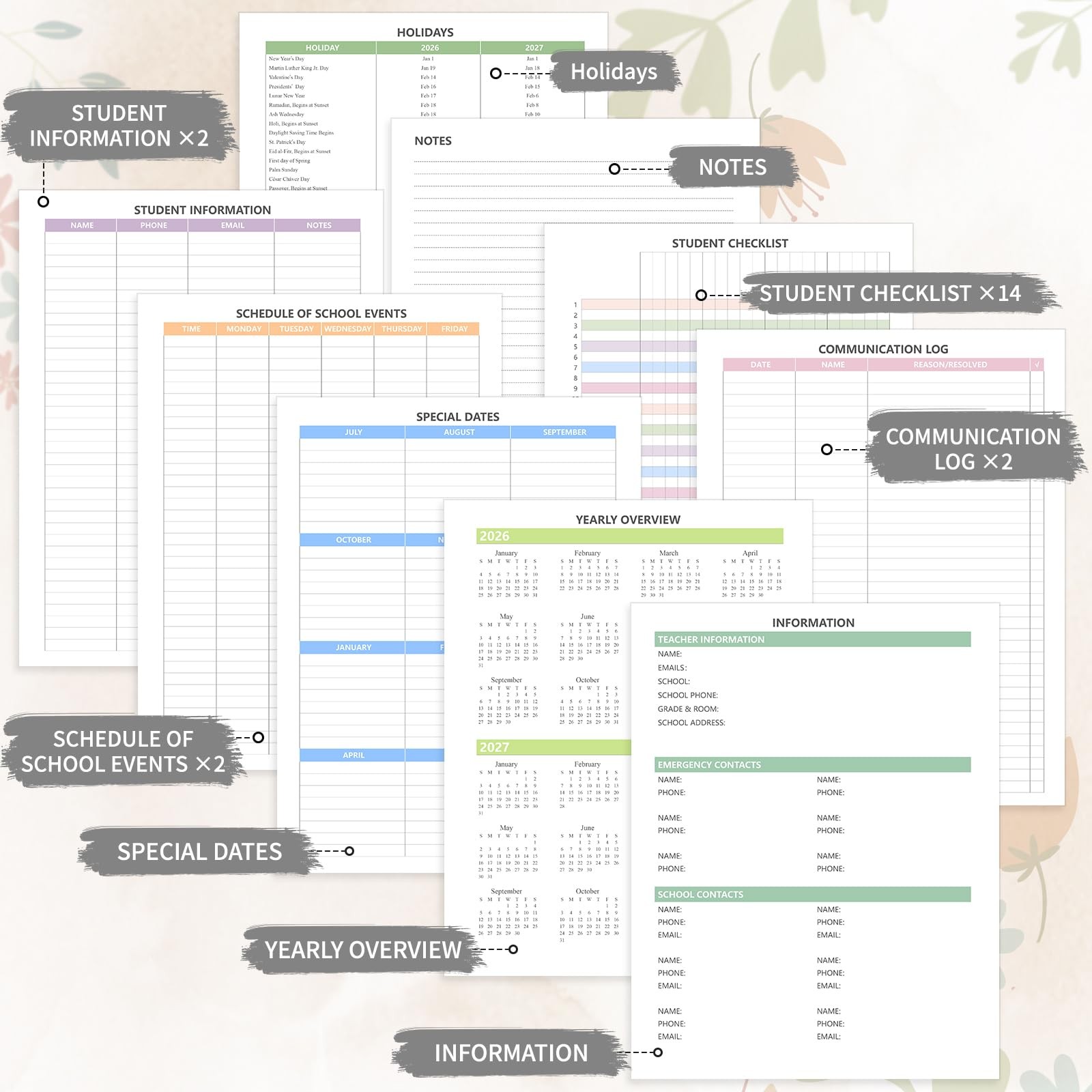 Teacher Planner 2026-2027 Academic Year, July 2026-June 2026-2027, Red Flower