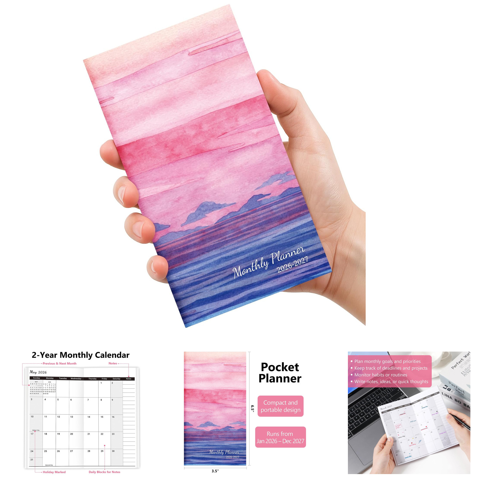 2026 2027 Pocket Calendar for Purse Two-Year Monthly Planner Compact Mini