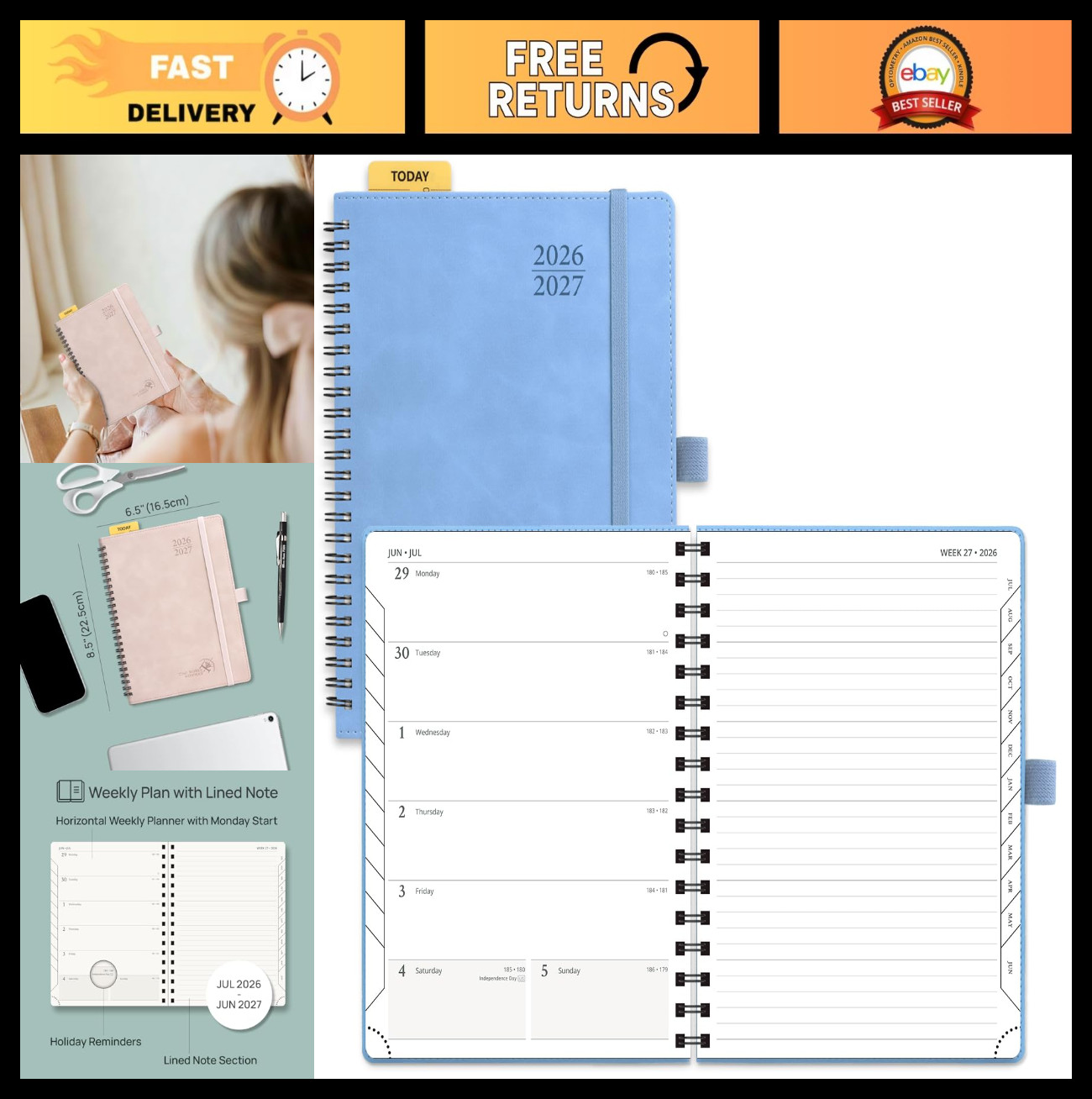 Academic Weekly & Monthly Planner 2026-2027, 6.5″x8.5″, Spiral Softcover, Blue
