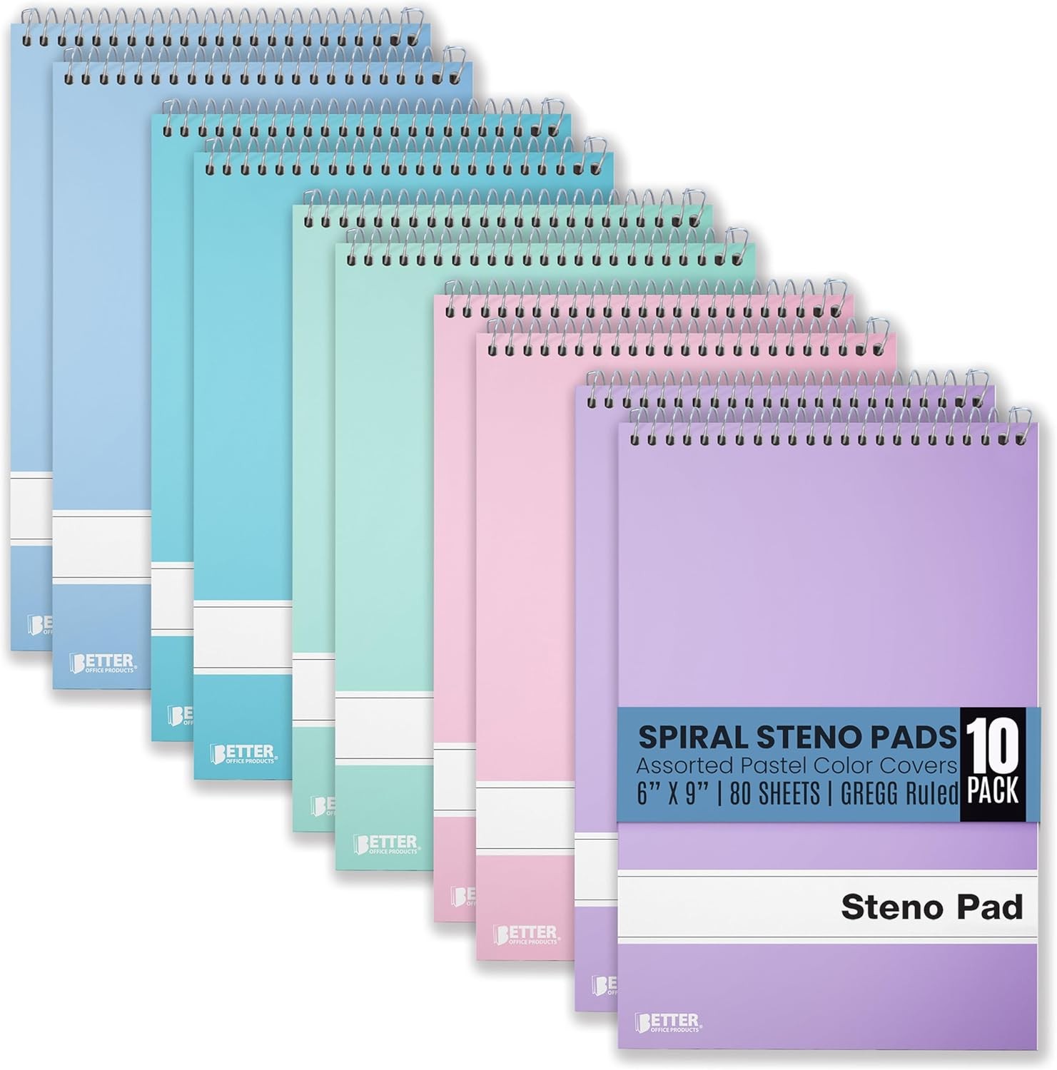 Better Office Products Steno Pads Spiral 6×9, 10 Pack, Gregg Ruled, Assorted