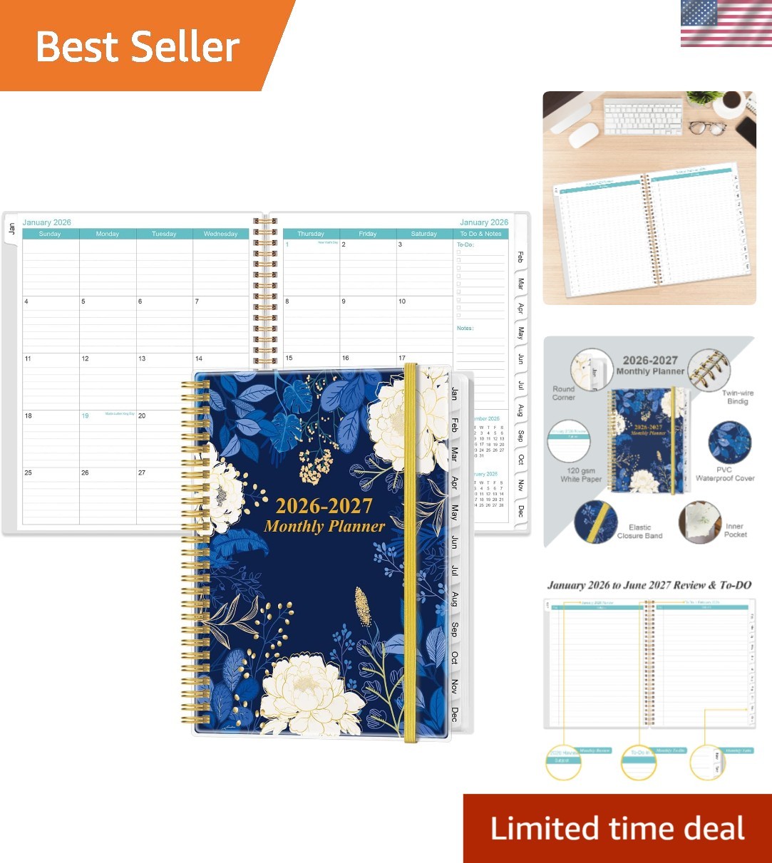 Elegant 2026-2027 Planner – 18- Calendar with Tabbed Pages & Storage Pocket