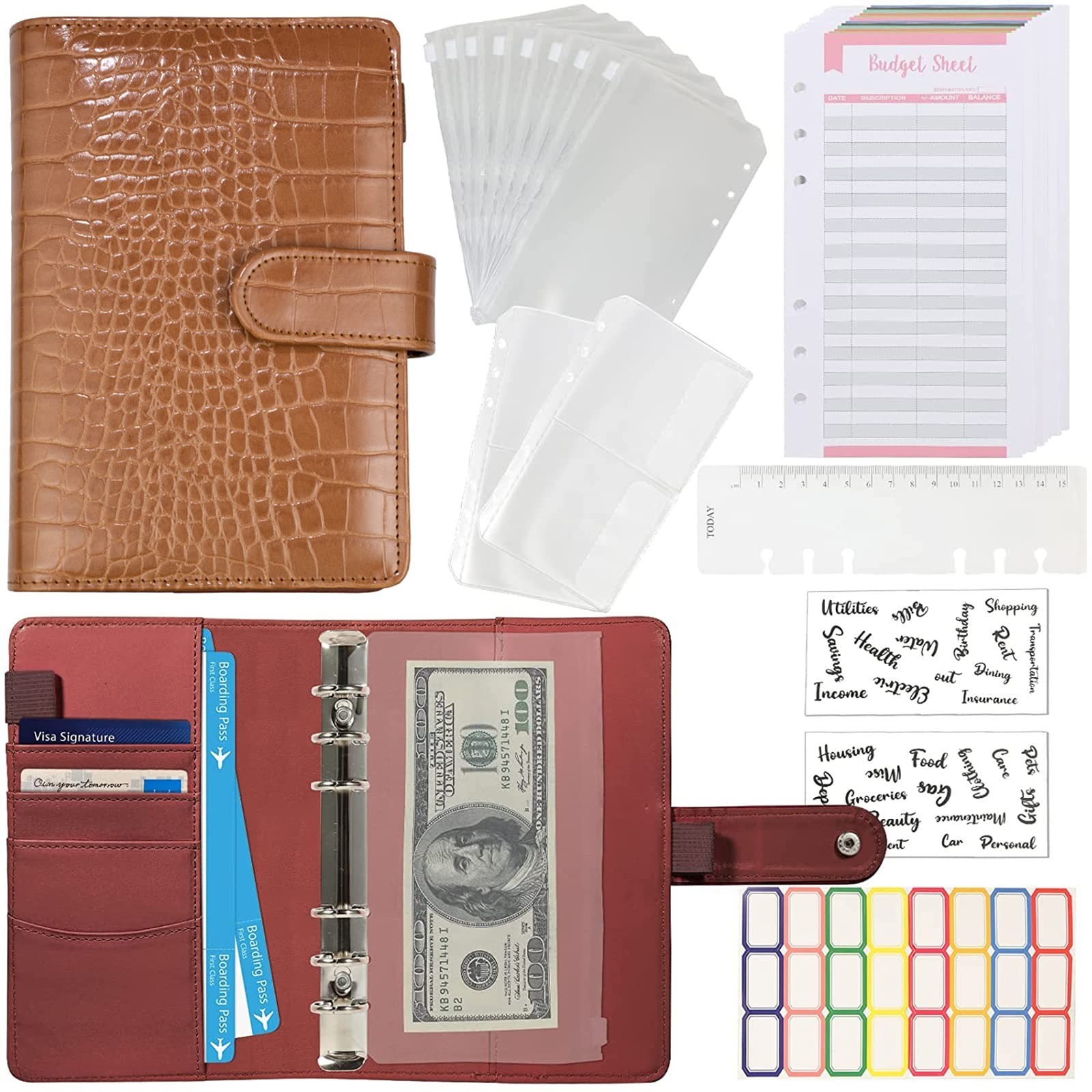 Crocodile Pattern Budget Binder with Zipper Envelopes, A6 Cash Organizer & Plann