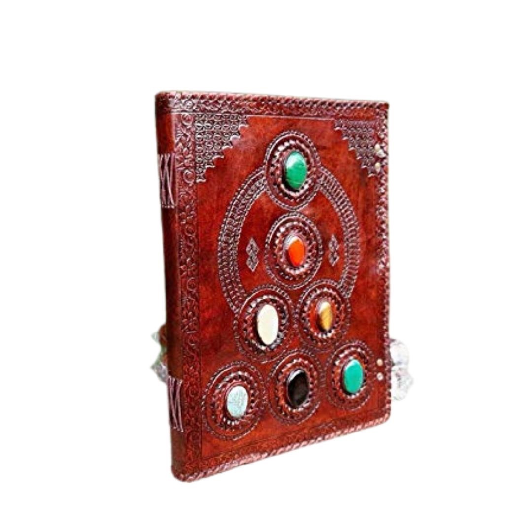 Handmade Vintage Leather Journal – Chakra Embossed Seven Stone Notebook 10×13″