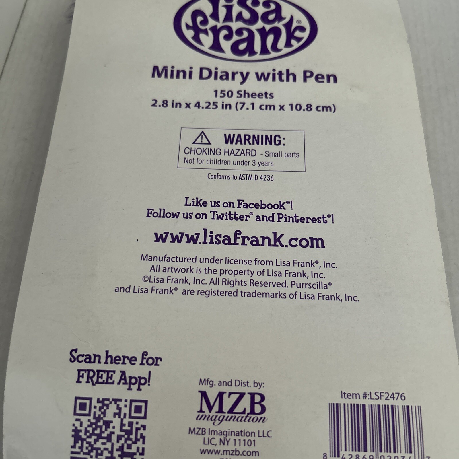 Lisa Frank Diary with Lock Key Fluffy Pen 150 Sheets 2.8” X 4.25”