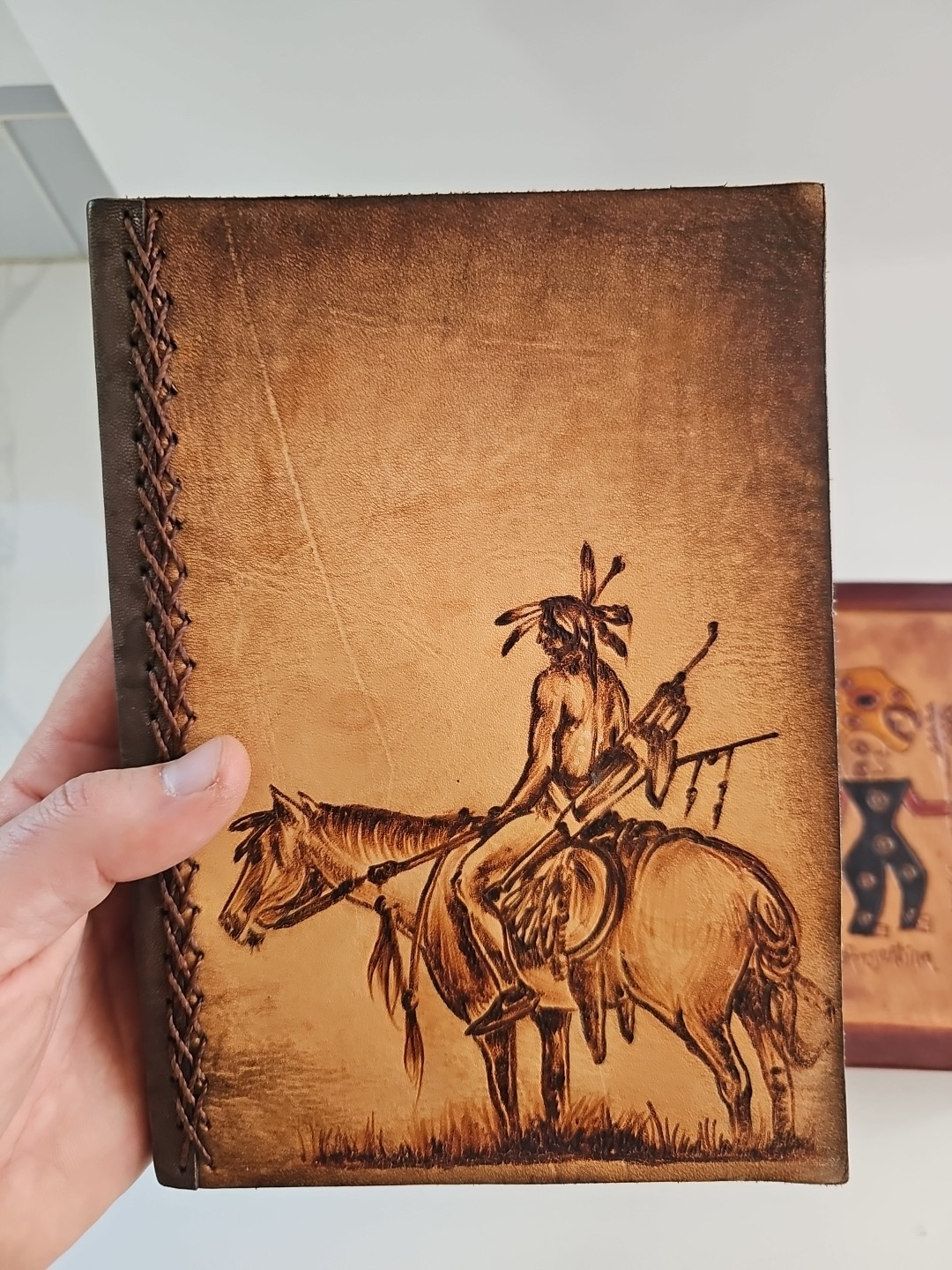 Lot of 2 Tooled Handmade Leather Blank Journals Brown Unlined (Almost Unused)