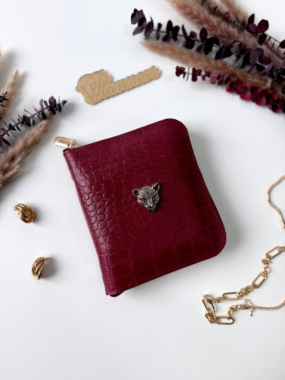 Luxurious Burgundy Genuine Leather A7 Pocket Planner – Golden Leopard Edition