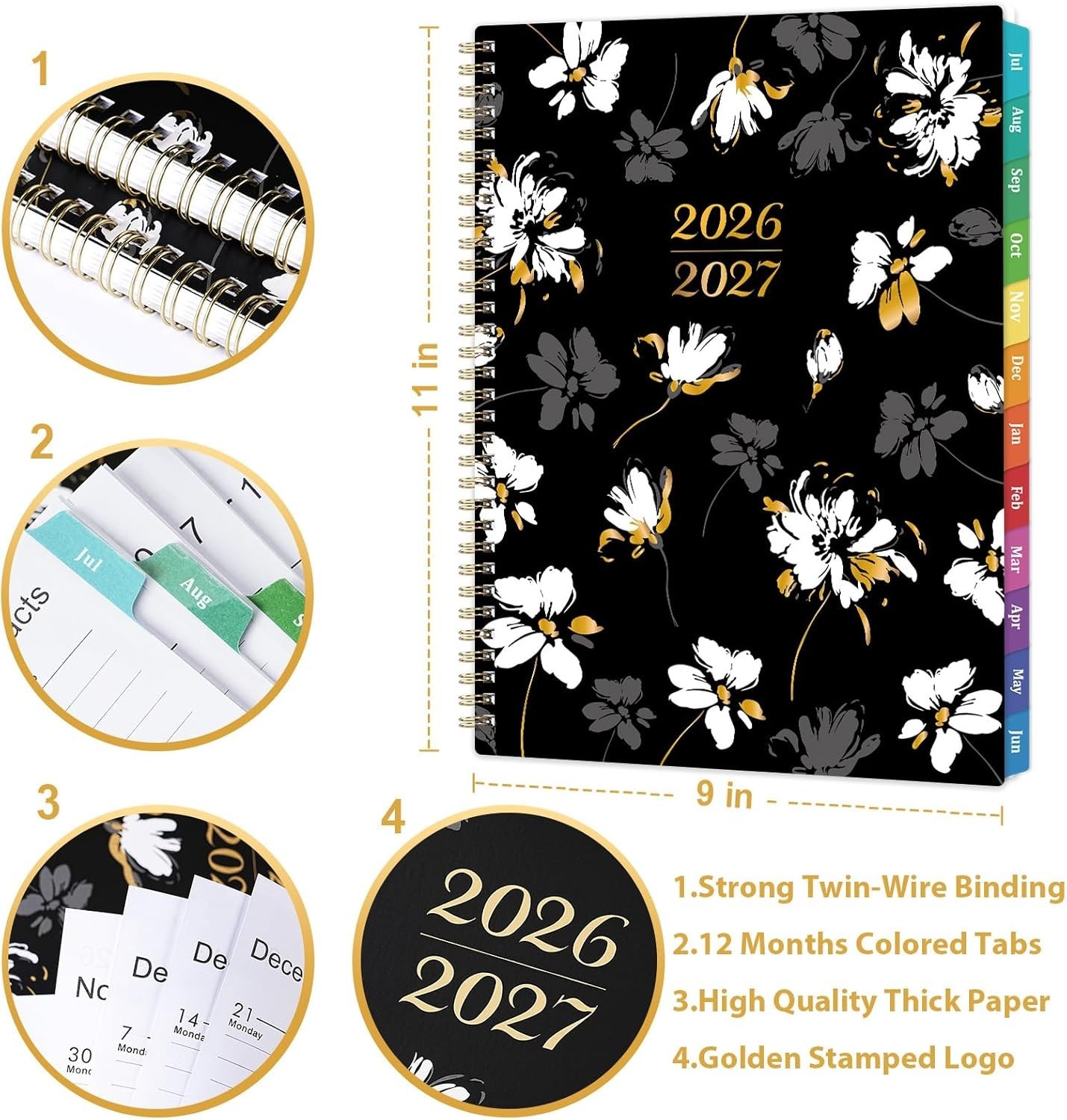 Chic Floral Weekly & Monthly Planner 2026-2027 with Colorful Tabs & Pocket