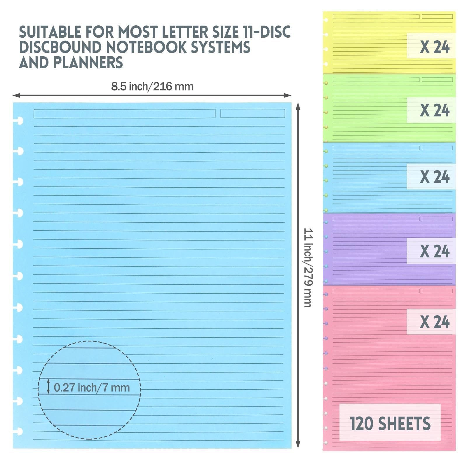 Discbound Refill Paper 120 Sheets, Letter Size, pink blue yellow green purple