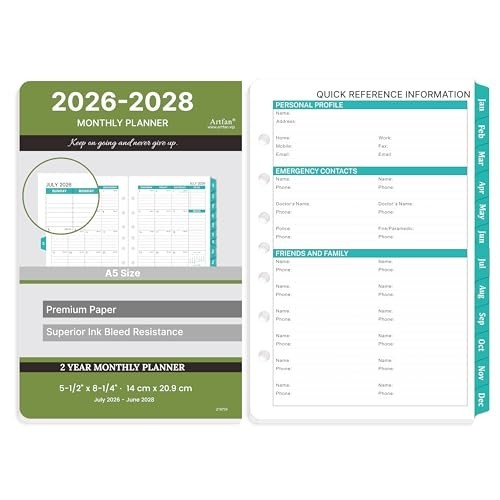 2026-2028 Monthly Planner Refill – Planner Inserts with 7-Hole Punched, 5-1/2″ X