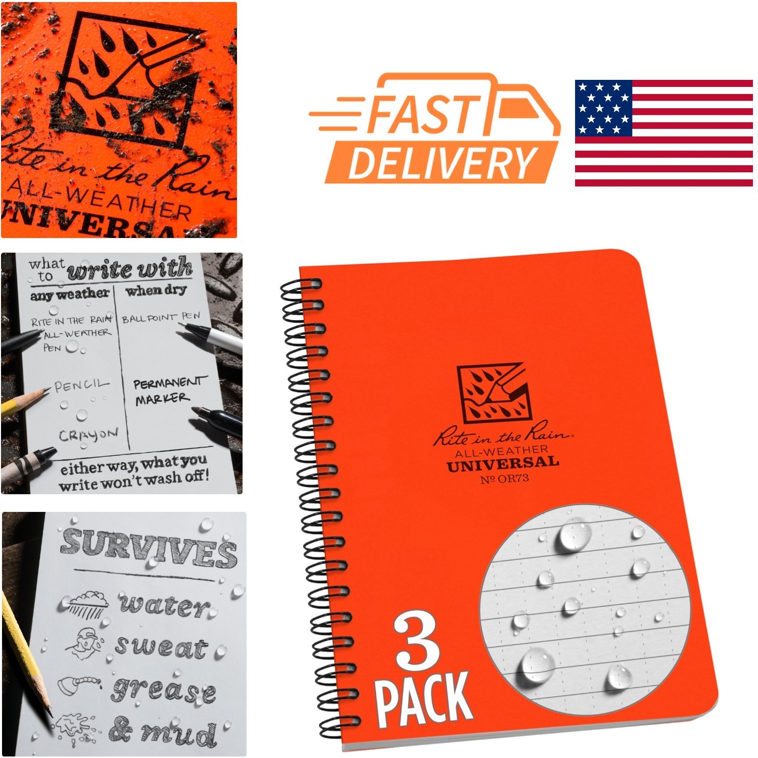 Compact Waterproof Notebook 4.625 Inch x 7 Inch Orange Polydura Cover 3 Count