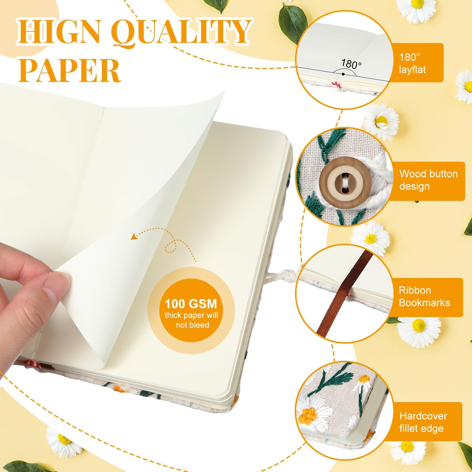 Dunzoom Daisy Journal Gifts for Women Embroidered Flower White
