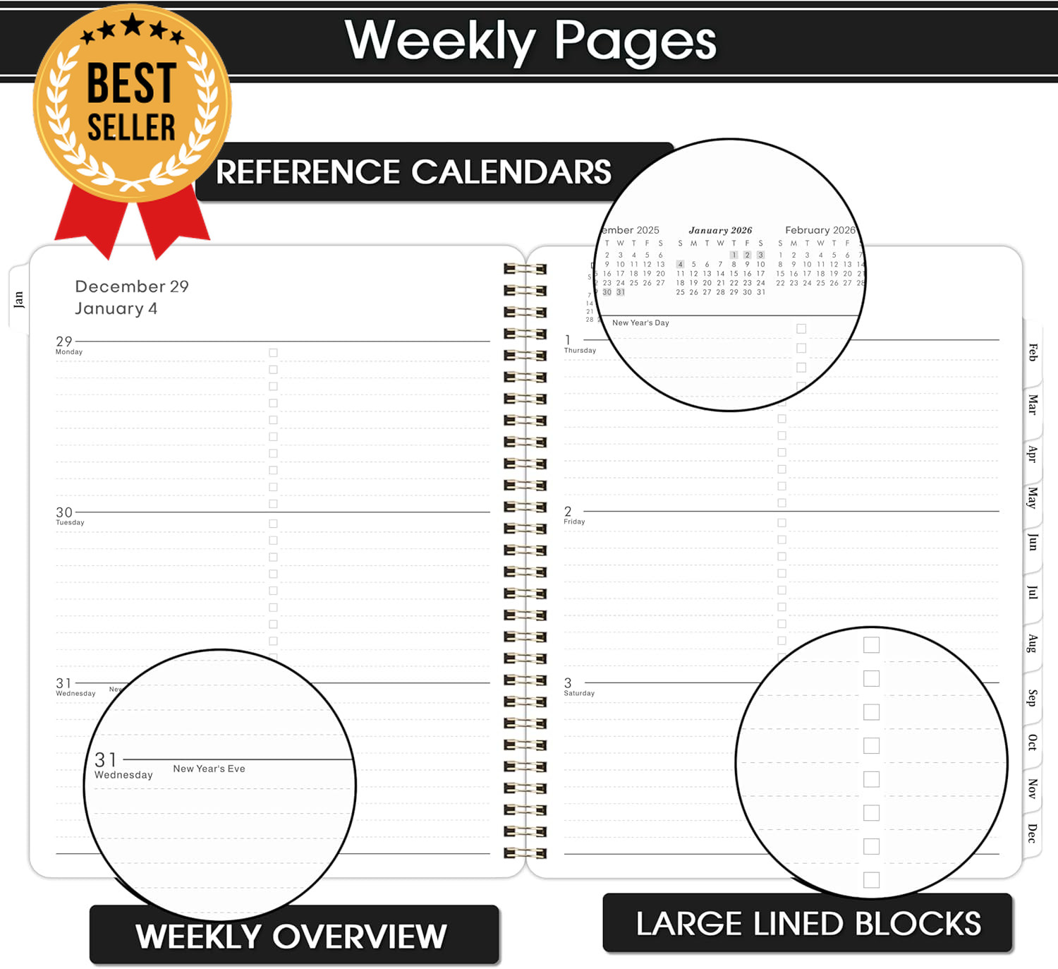 2026 Planner Calendar 8×10 Weekly Monthly Tabs Twin-Wire Binding Black Cover