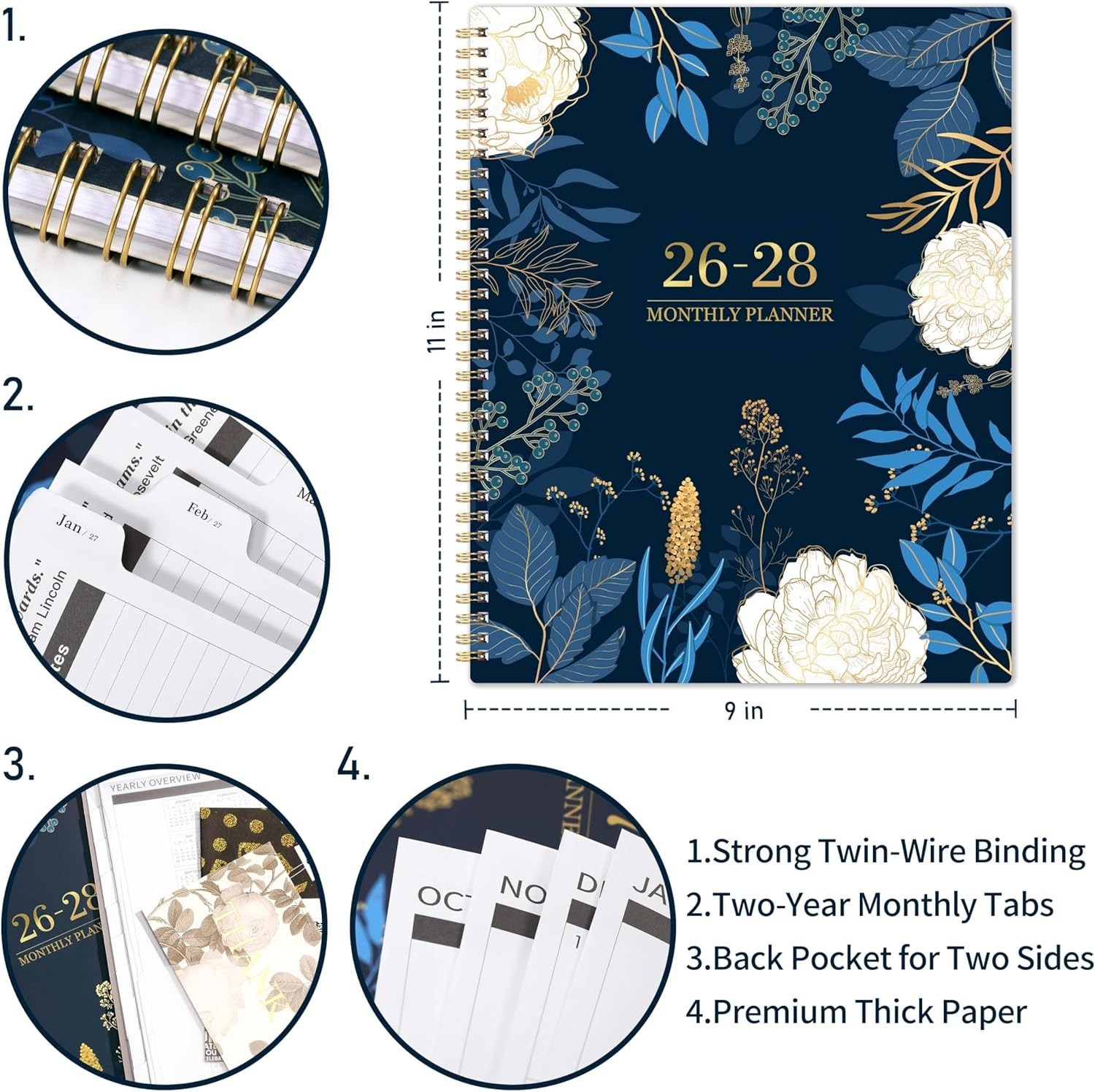 Thicker 2026-2028 Monthly Planner – Twin-Wire Binding & Back Pocket, 11″x9″