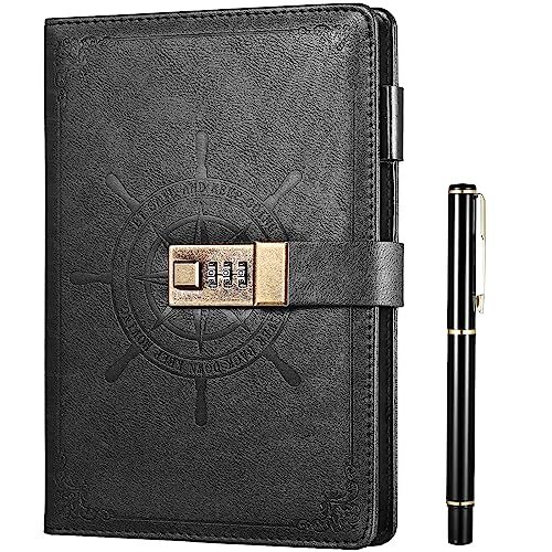 Black Journal with Lock, Refillable Faux Leather Lock Diary Notebook Planner