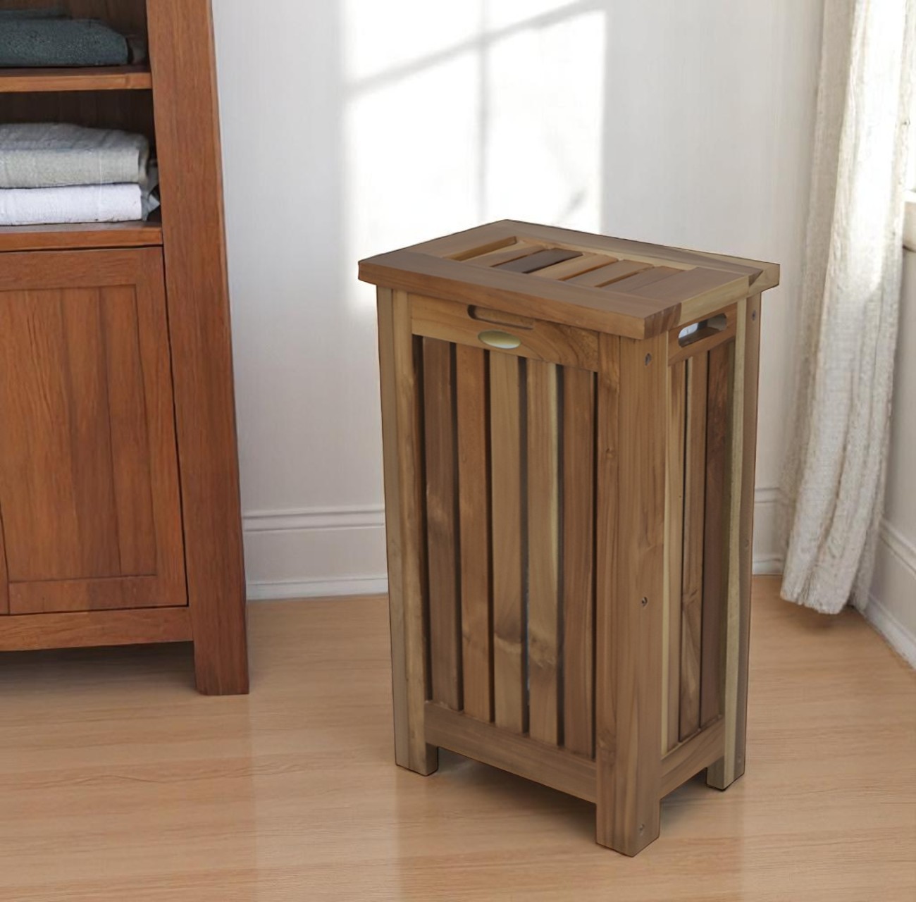 24″ Brown Solid Wood Laundry Hamper With Lid