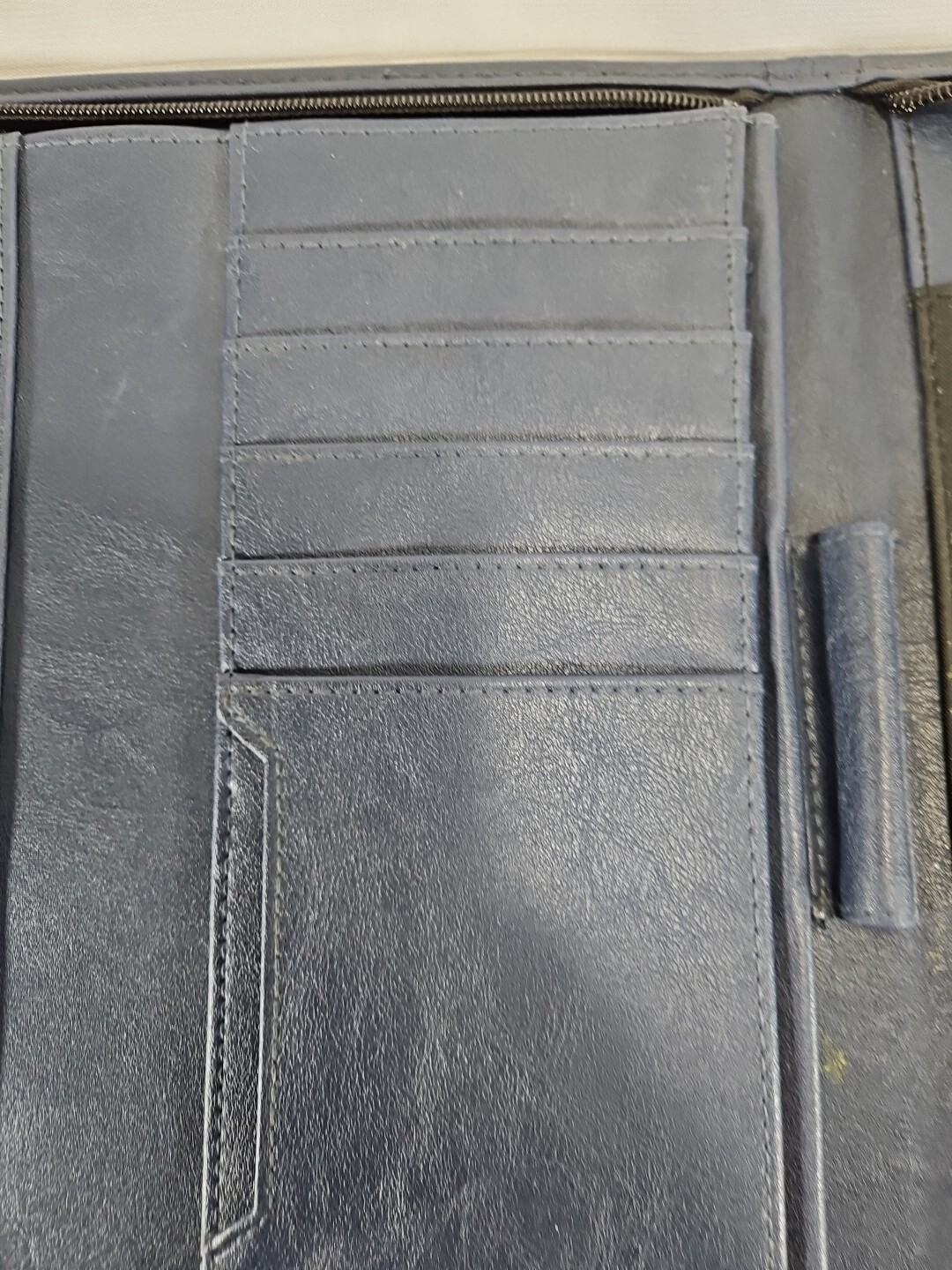 LEED’S Navy Blue Leather Organizer Folio Case Notepad Planner Folder Zips