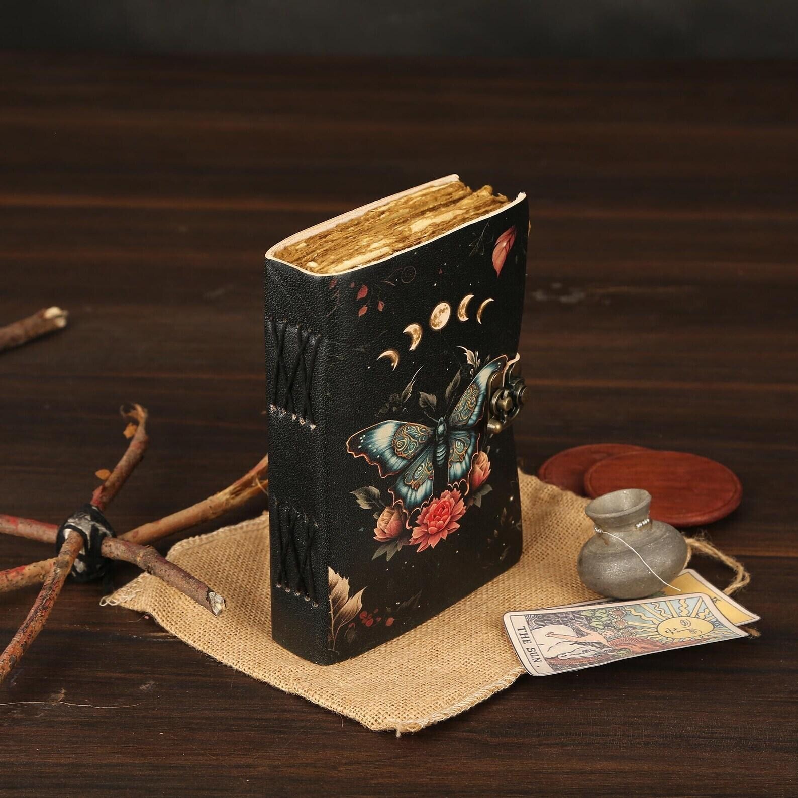 Handmade Luna Moth Butterly Vintage Deckle Edge Paper Leather Journal Blank.