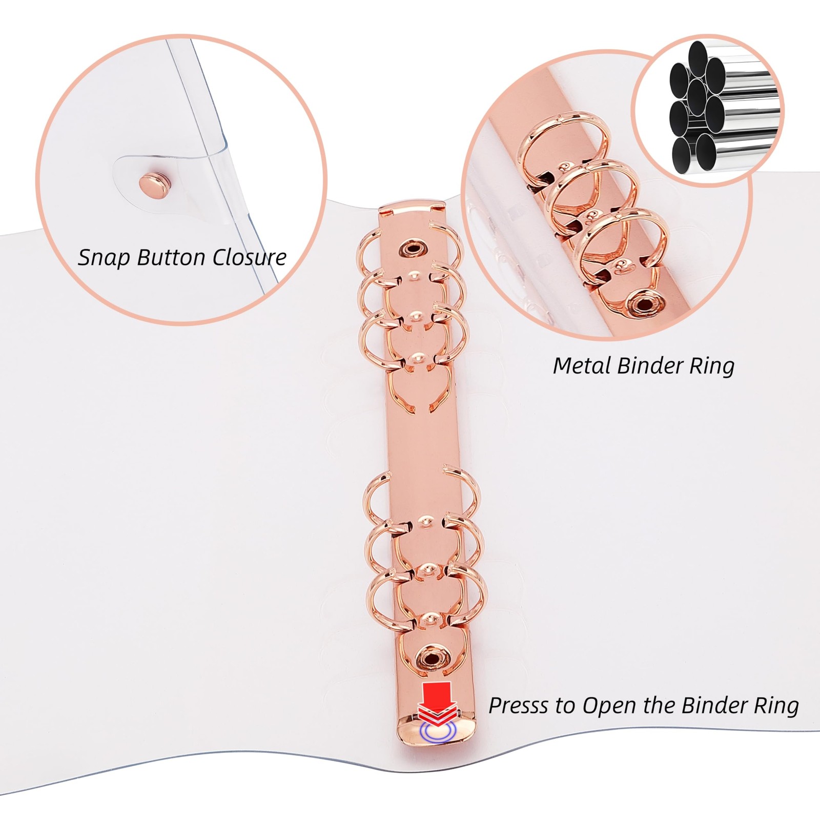 A5 6-Ring Binder Cover for Loose Leaf PVC Clear Planner Clear-rosegold