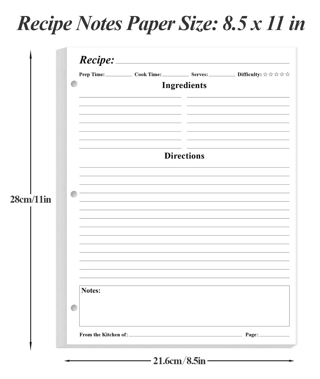 Blank Recipe Paper for A4 Binder – 3 Hole 8.5″ x 11″ (Letter), White