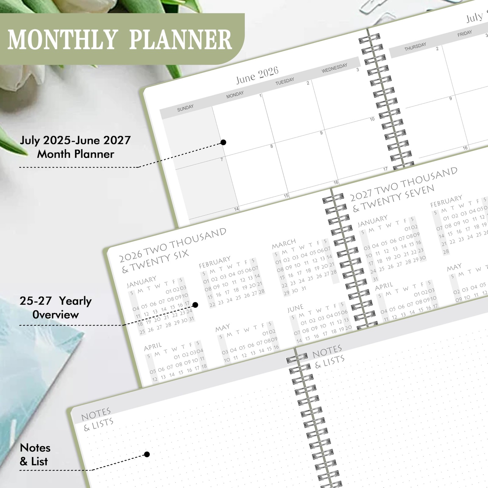 Monthly Planner 2025 To 2027, 24 Months Organizer, Office Home, Green