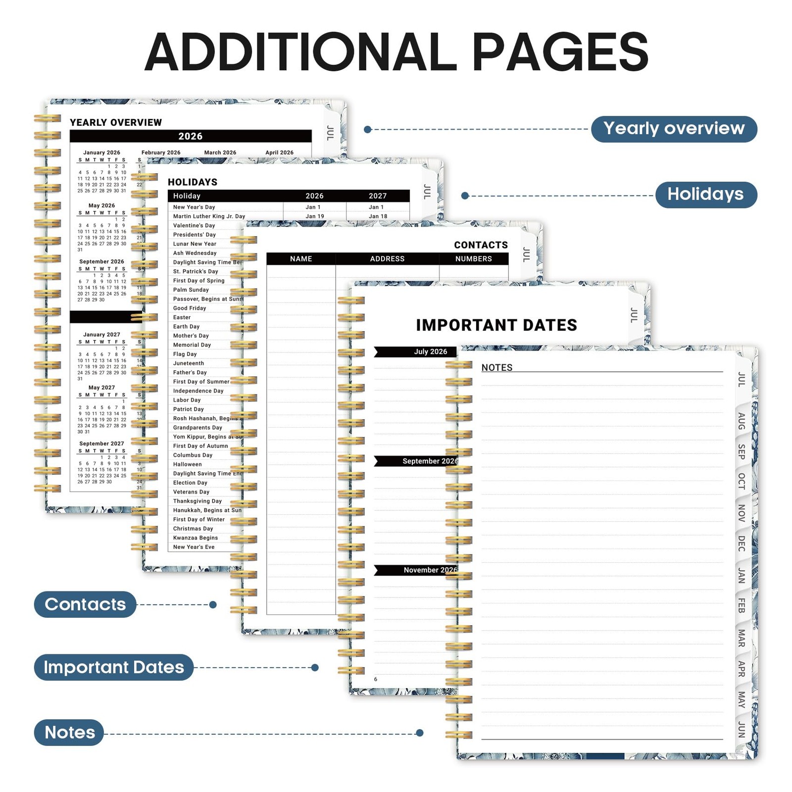 2026 2027 Monthly Weekly Planner Hardcover Spiral Tabs Organizer 6.3×8.5 Blue Fl