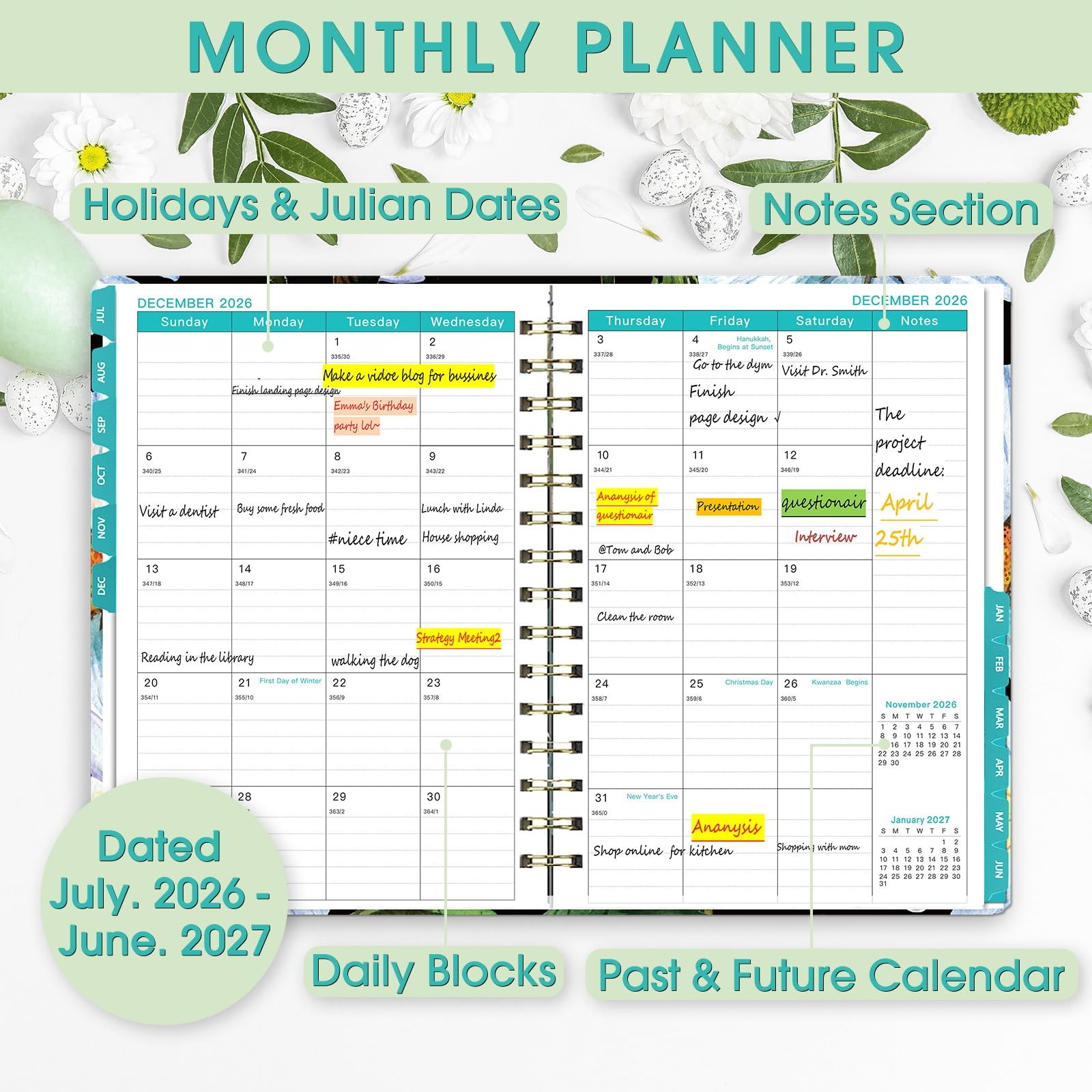 Planner 2026-2027 Weekly and Monthly New(JUL 2026-JUN 2027), C-White Daisy