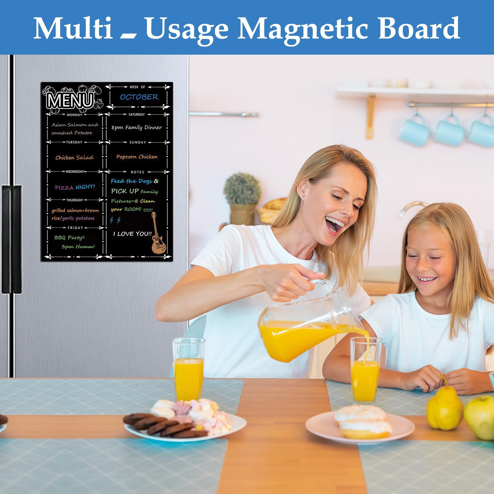 Magnetic Menu Board for Fridge, LiebHome Dry 42cm *30cm, Black – 8 Markers